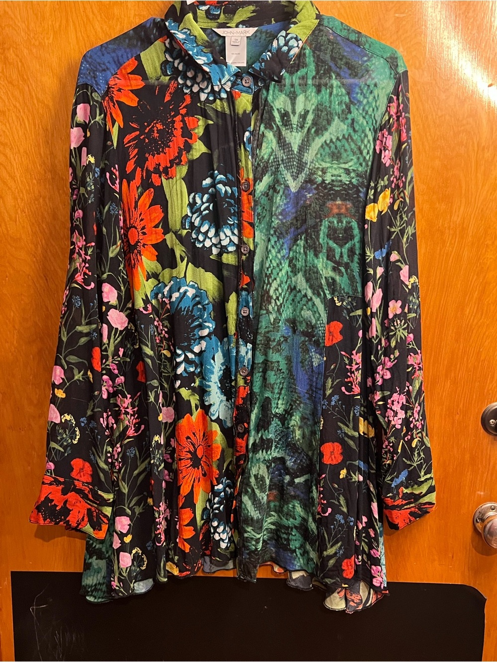 John Mark Teal, Black & Lime Abstract Print Blouse